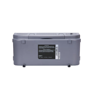 UNI-T UTD2102CEX+ 100 MHz 2-Channel Digital Storage Oscilloscope – 1.0 GSa/s, 64 kpts - a grey rectangular digital storage oscilloscope housing with a warning label, barcode, and power input specifications.