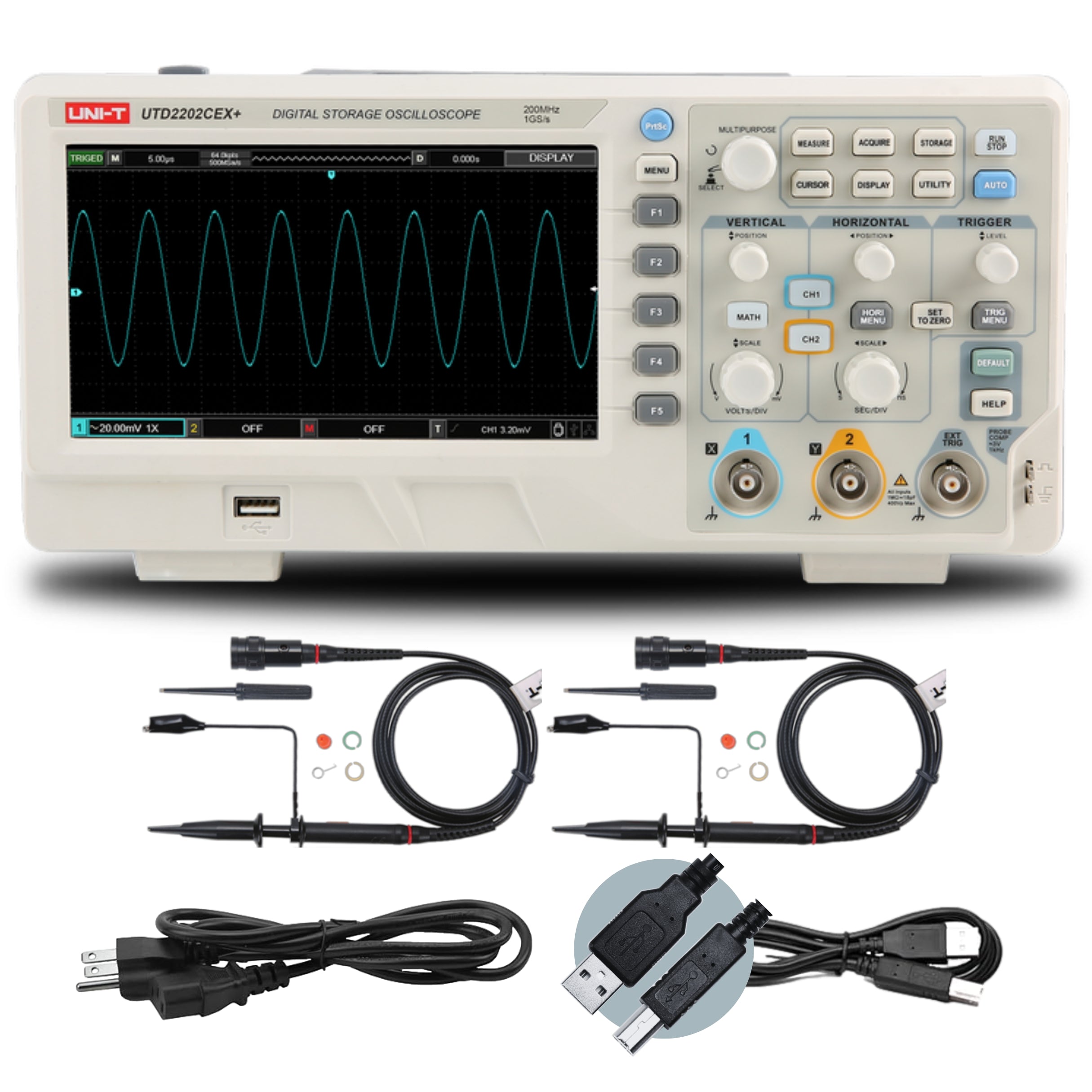 UNI-T UTD2202CEX+ 200 MHz 2-Channel Digital Storage Oscilloscope – 1.0 GSa/s, 64 kpts - a sine wave on its screen, with two probes, a power cable, and a USB cable arranged below the device.