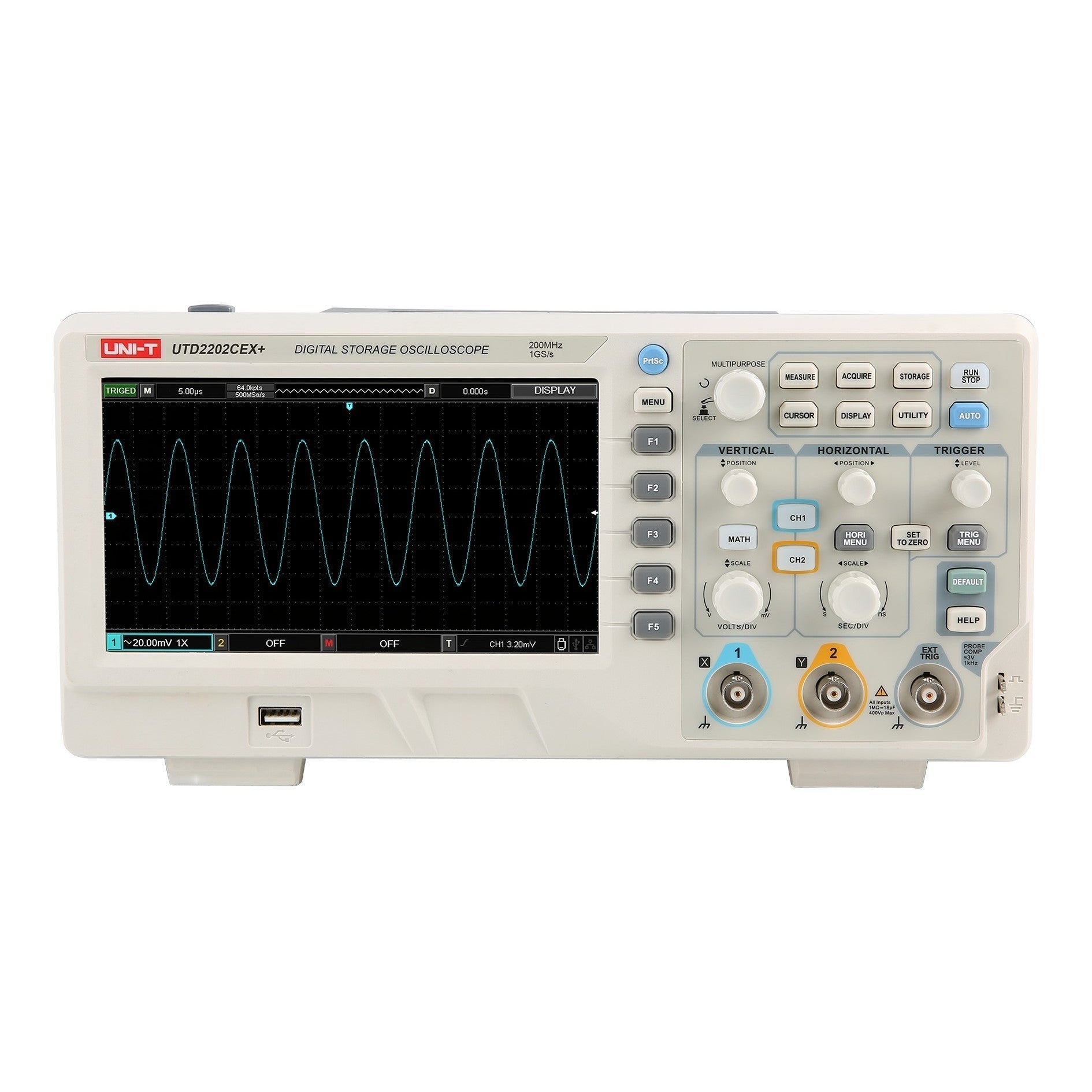 UNI-T UTD2202CEX+ 200 MHz 2-Channel Digital Storage Oscilloscope – 1.0 GSa/s, 64 kpts - a sine wave on the display, control knobs, buttons, and input ports.