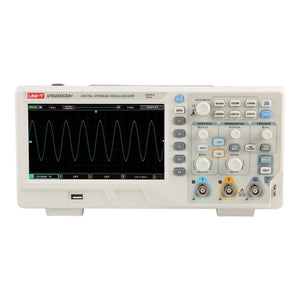 UNI-T UTD2202CEX+ 200 MHz 2-Channel Digital Storage Oscilloscope – 1.0 GSa/s, 64 kpts - a sine wave on the display, control knobs, buttons, and input ports.