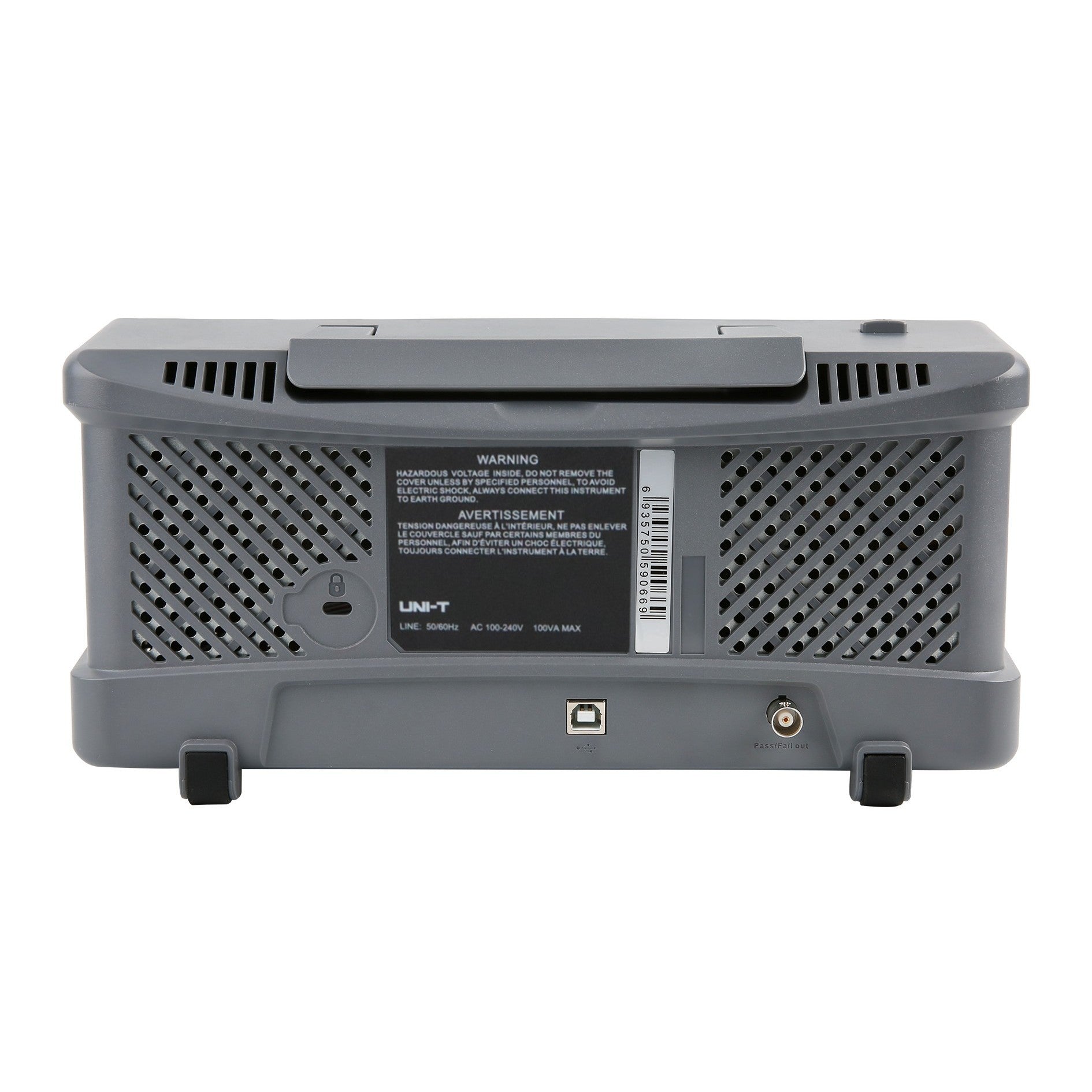 UNI-T UTD2202CEX+ 200 MHz 2-Channel Digital Storage Oscilloscope – 1.0 GSa/s, 64 kpts - a grey rectangular housing with ventilation grilles, a USB port, a BNC connector, and a warning label.