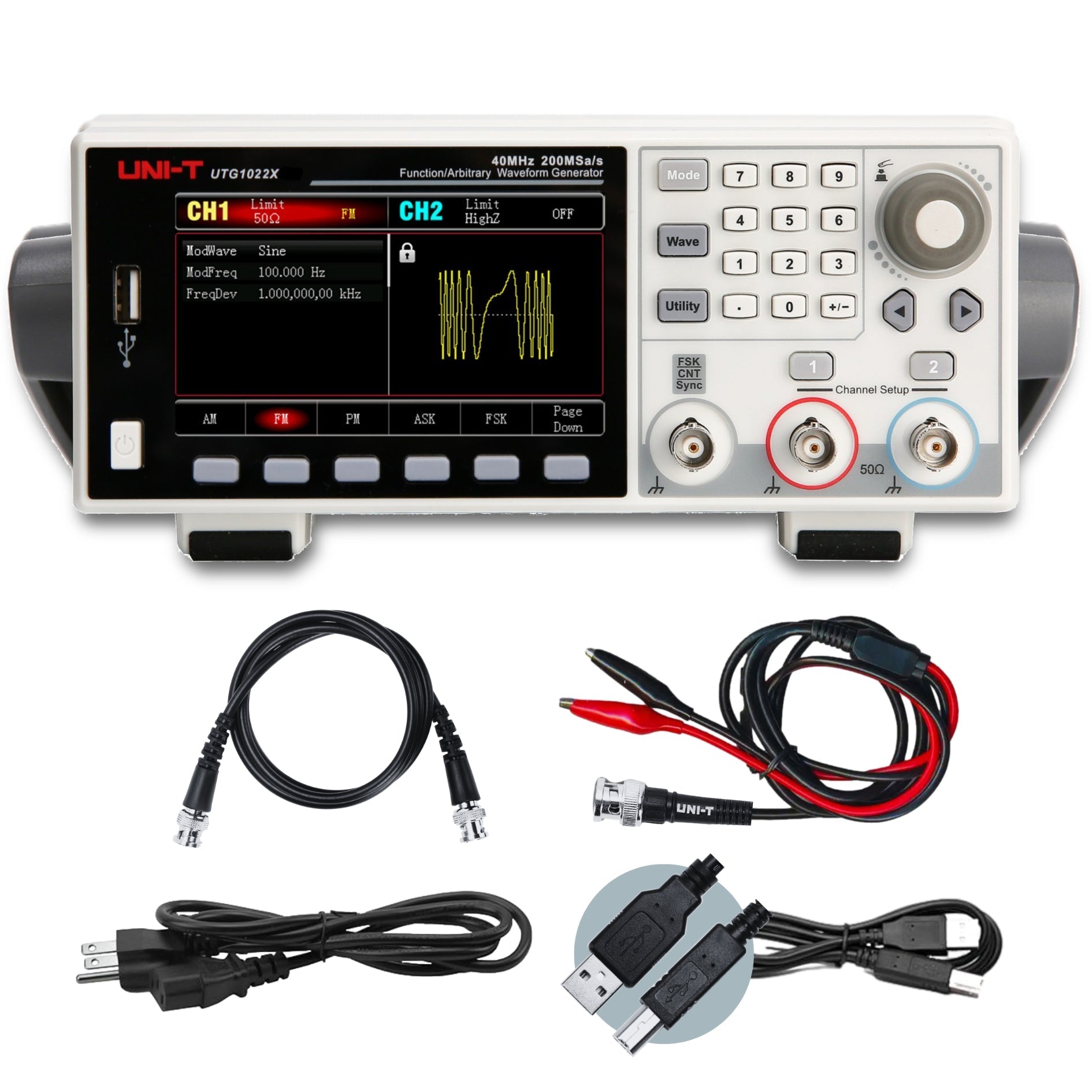 UNI-T UTG1022X 20 MHz 2-Channel Arbitrary Waveform Generator / Function Generator – 200 MSa/s - with a white chassis, digital display, control buttons, and knobs, shown with two BNC cables, power cord, and USB cable.