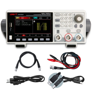 UNI-T UTG1022X 20 MHz 2-Channel Arbitrary Waveform Generator / Function Generator – 200 MSa/s - with a white chassis, digital display, control buttons, and knobs, shown with two BNC cables, power cord, and USB cable.