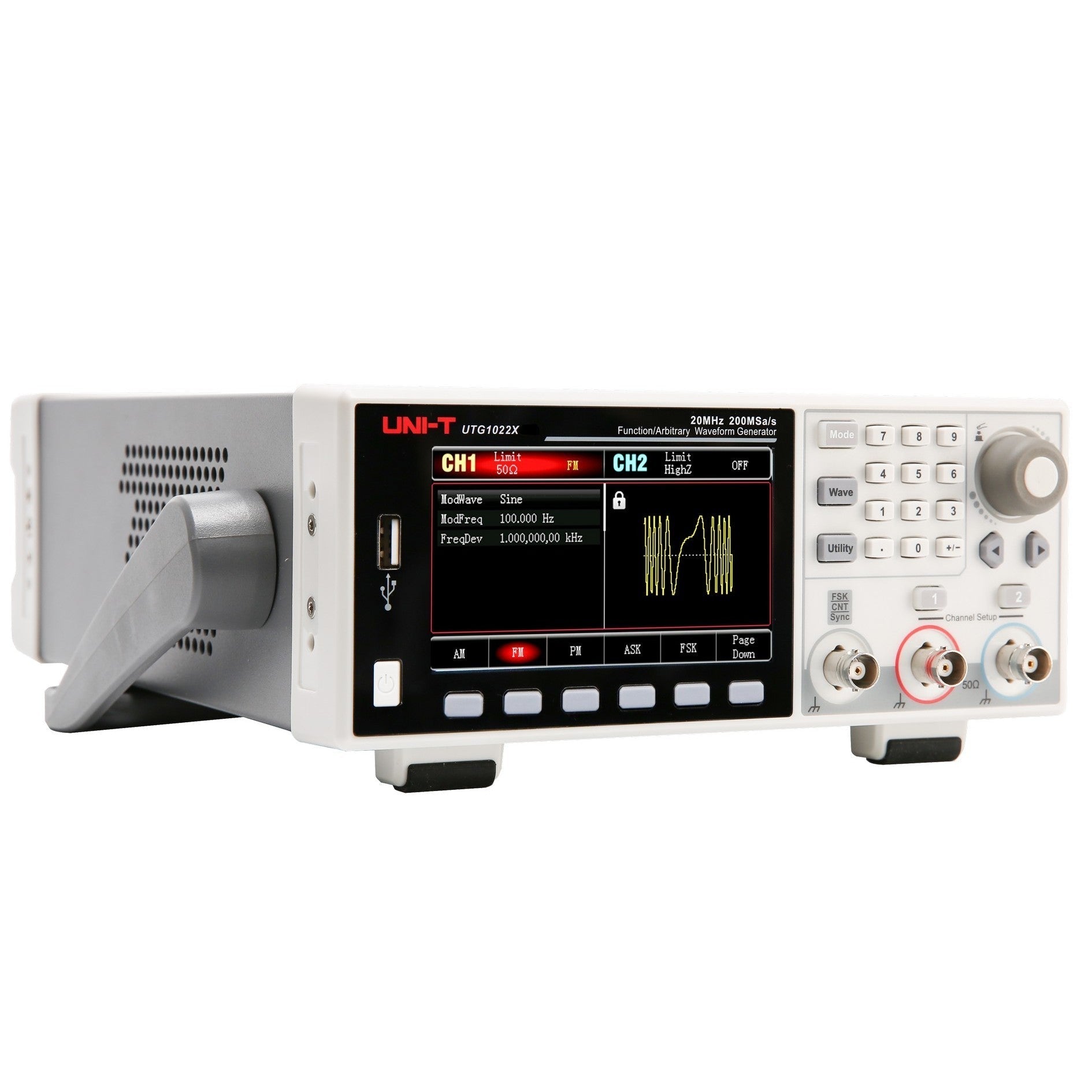 UNI-T UTG1022X 20 MHz 2-Channel Arbitrary Waveform Generator / Function Generator – 200 MSa/s - in a white housing with a digital display showing FM settings, front panel buttons, a rotary knob, and output ports.