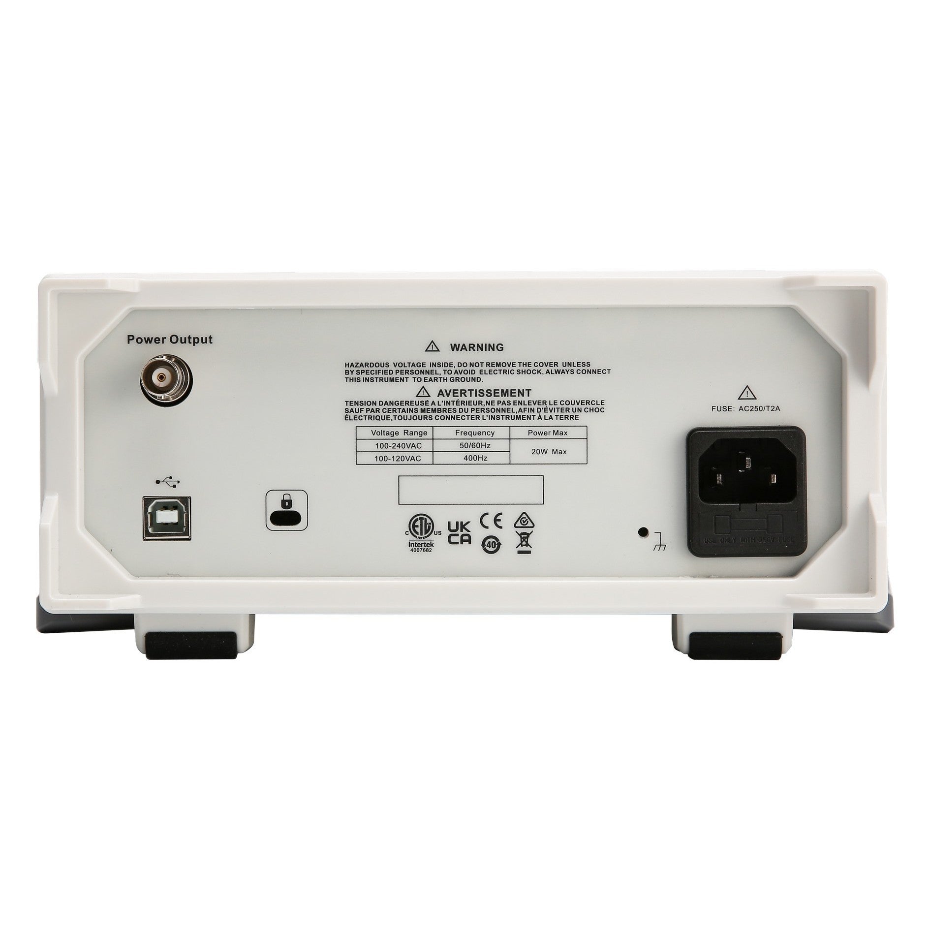 UNI-T UTG1022X 20 MHz 2-Channel Arbitrary Waveform Generator / Function Generator – 200 MSa/s - rear panel view showing a white casing with a power output BNC connector, USB port, security slot, power input socket, and warning labels.