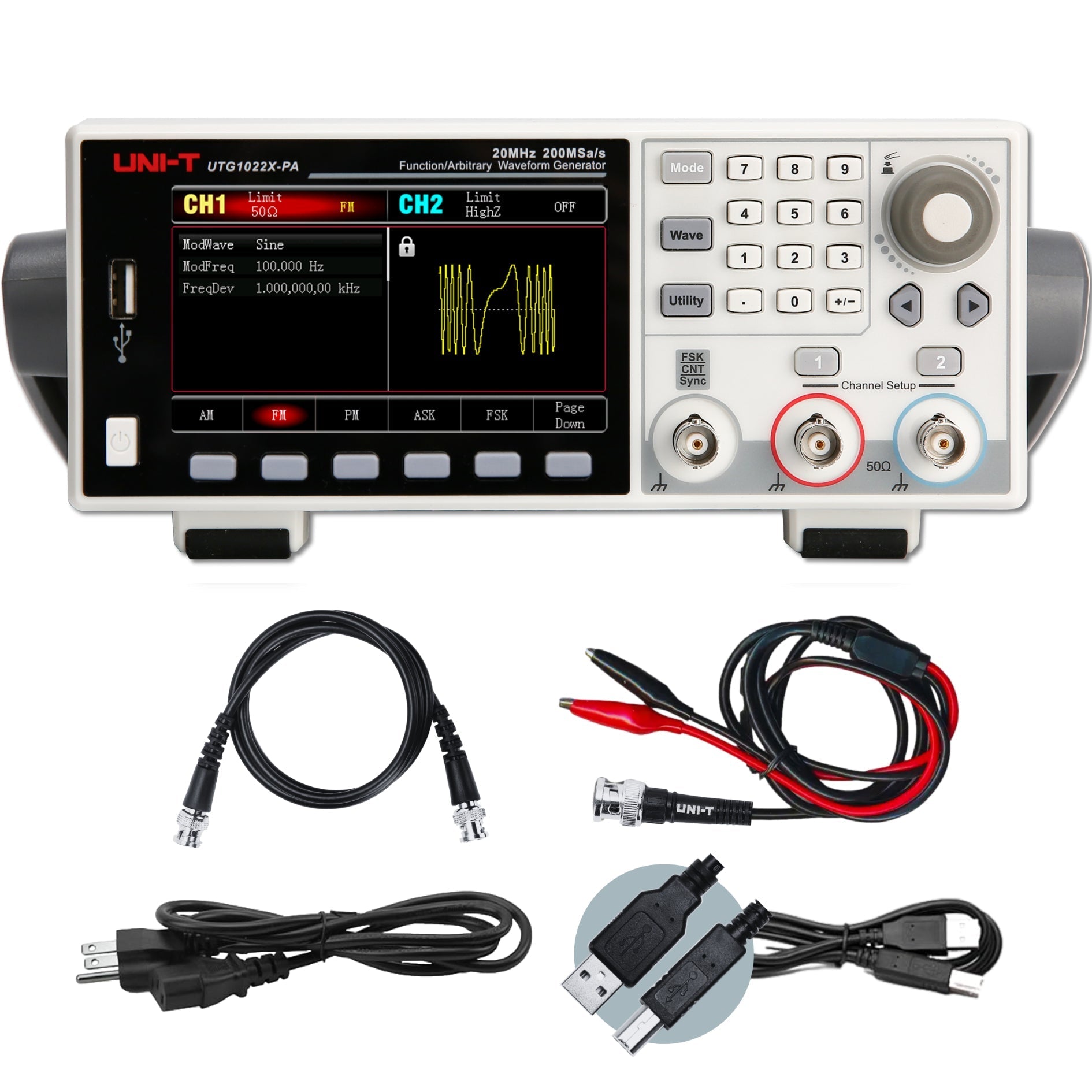 UNI-T UTG1022X-PA 20 MHz 2-Channel Arbitrary Waveform Generator / Function Generator – 200 MSa/s - a white front panel with a digital display, keypad, knob, and ports, plus included cables and power cord.