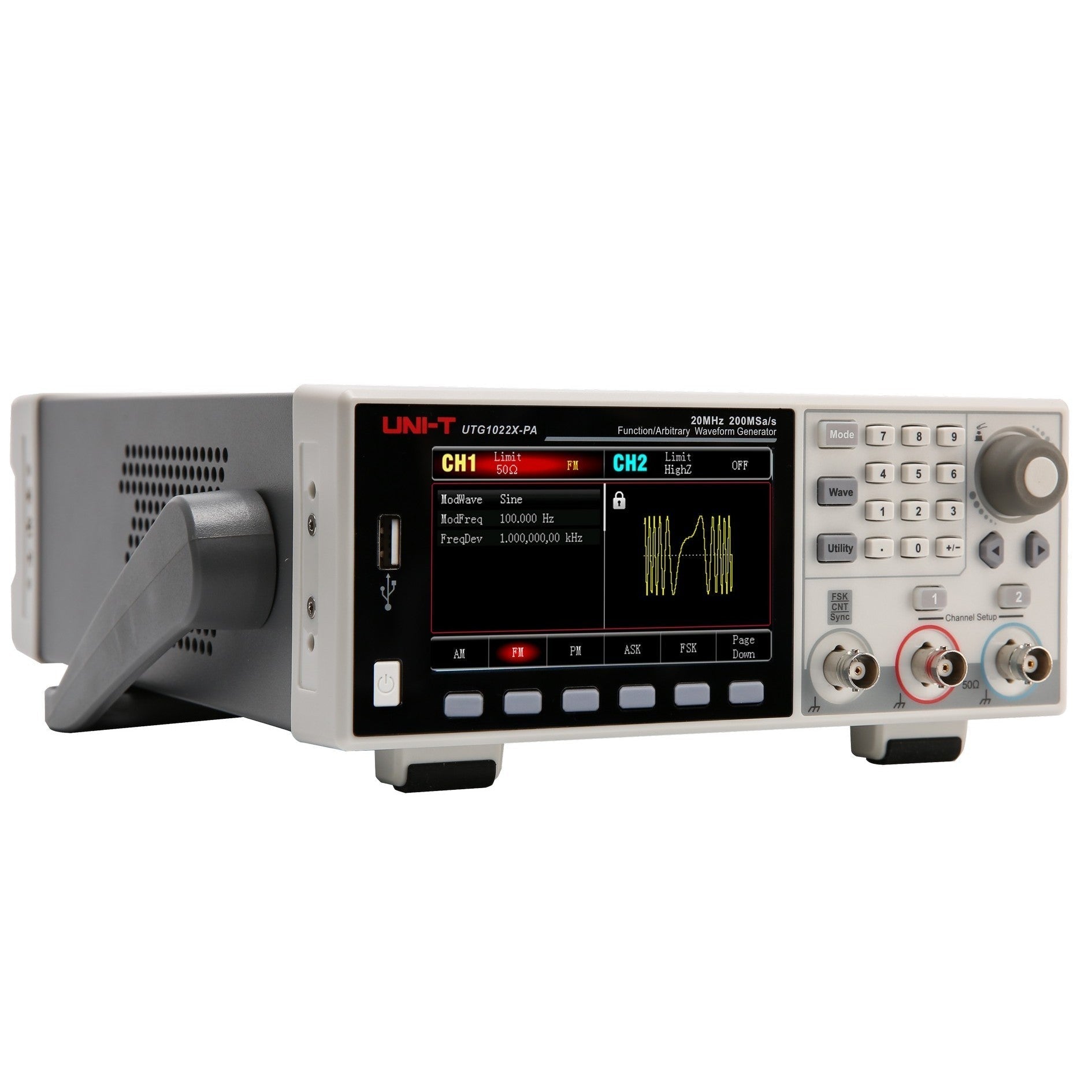 UNI-T UTG1022X-PA 20 MHz 2-Channel Arbitrary Waveform Generator / Function Generator – 200 MSa/s - in a grey and white housing with a digital display showing FM modulation settings, front panel buttons, and knobs.