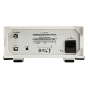 UNI-T UTG1022X-PA 20 MHz 2-Channel Arbitrary Waveform Generator / Function Generator – 200 MSa/s - a white casing with a power output BNC connector, USB port, security slot, power input, and electrical specifications.