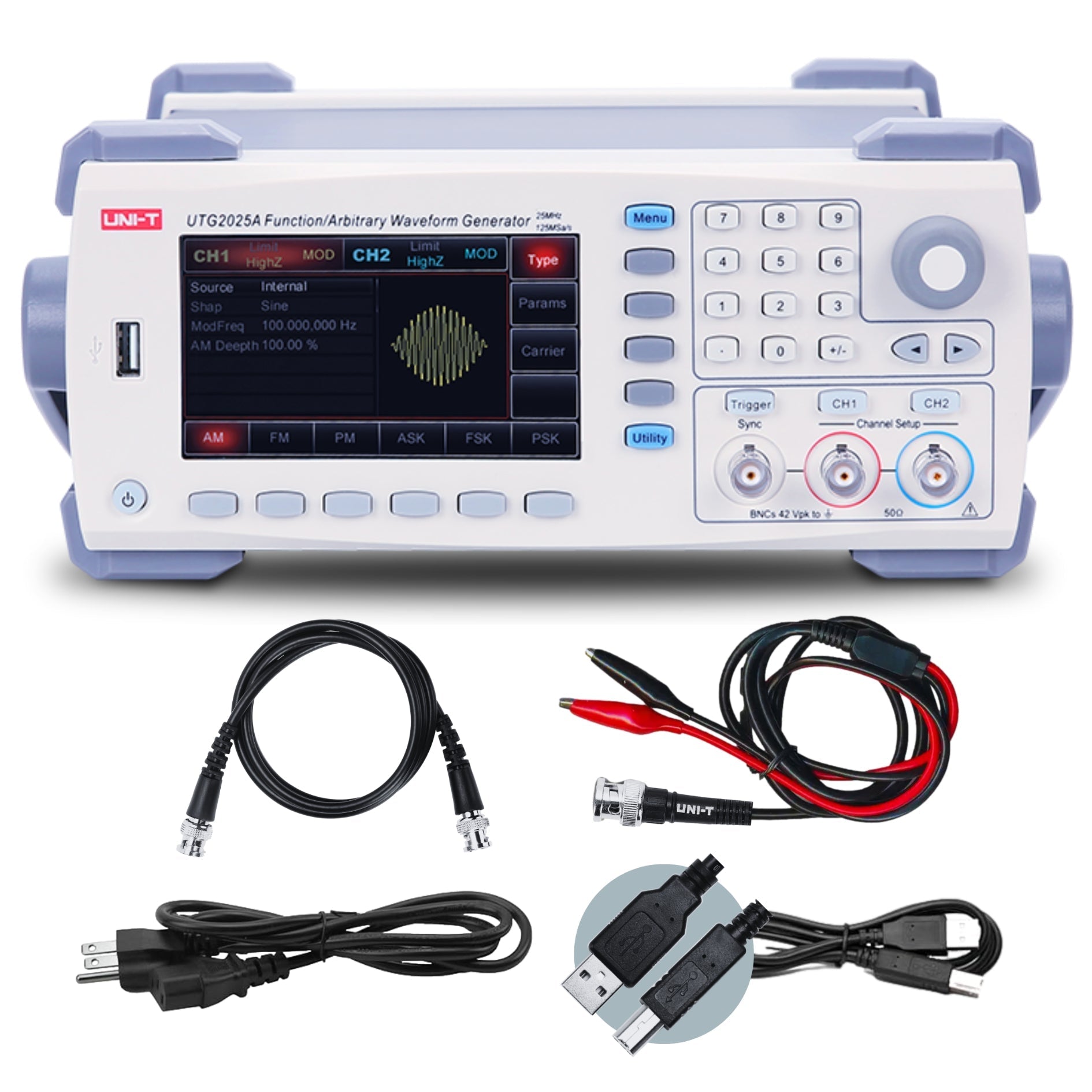 UNI-T UTG2025A 25 MHz 2-Channel Arbitrary Waveform Generator / Function Generator - with a digital display showing AM settings, a keypad, control knobs, ports, power cable, BNC cables, and USB cables.