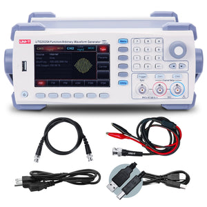 UNI-T UTG2025A 25 MHz 2-Channel Arbitrary Waveform Generator / Function Generator - with a digital display showing AM settings, a keypad, control knobs, ports, power cable, BNC cables, and USB cables.