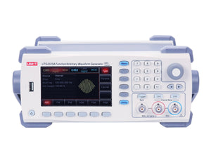 UNI-T UTG2025A 25 MHz 2-Channel Arbitrary Waveform Generator / Function Generator - a white benchtop device with a digital display showing AM modulation, keypad, and two BNC ports.