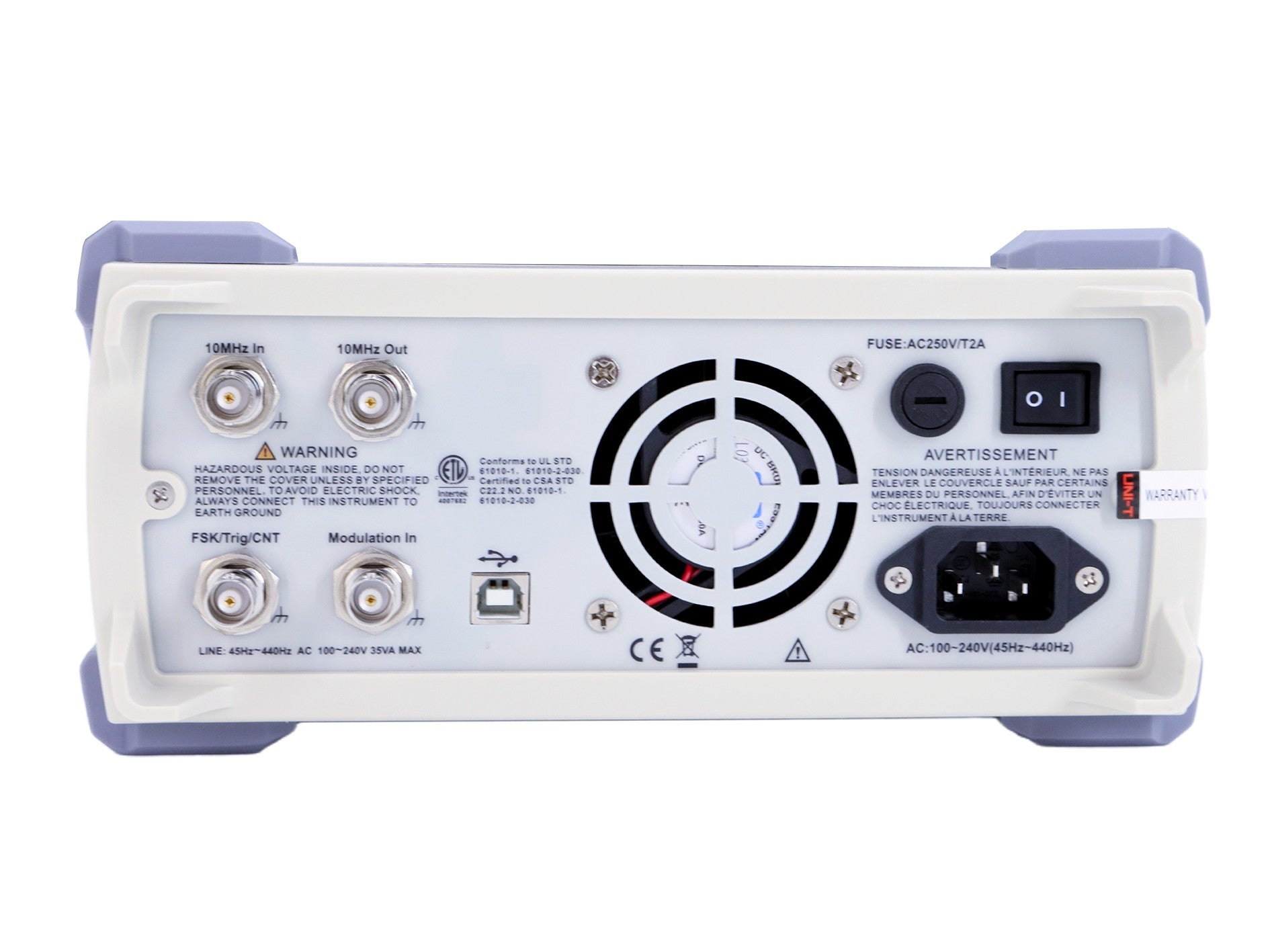 UNI-T UTG2025A 25 MHz 2-Channel Arbitrary Waveform Generator / Function Generator - BNC connectors, USB port, cooling fan, power switch, fuse holder, and AC power input.