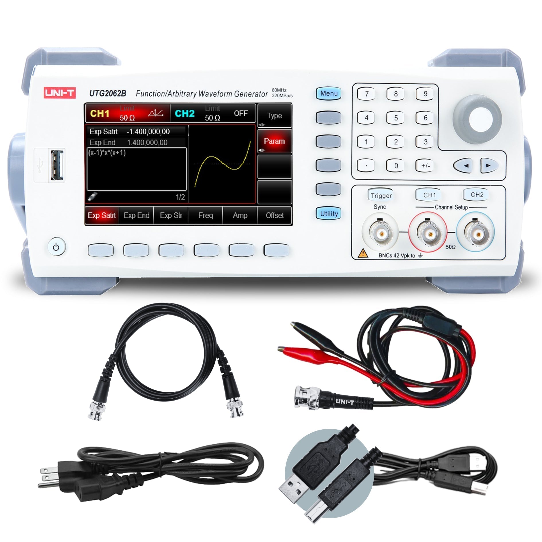 UNI-T UTG2062B 60 MHz 2-Channel Arbitrary Waveform Generator / Function Generator – 320 MSa/s - with a white chassis, screen showing a waveform, keypad, BNC ports, and included power, USB, and BNC test cables.