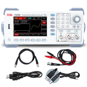 UNI-T UTG2062B 60 MHz 2-Channel Arbitrary Waveform Generator / Function Generator – 320 MSa/s - with a white chassis, screen showing a waveform, keypad, BNC ports, and included power, USB, and BNC test cables.