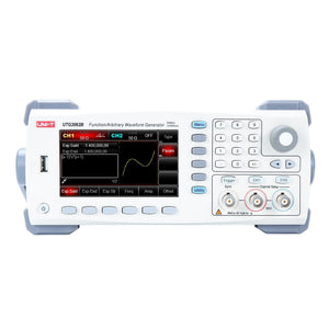 UNI-T UTG2062B 60 MHz 2-Channel Arbitrary Waveform Generator / Function Generator – 320 MSa/s - a white front panel with a central display, numeric keypad, control knob, and BNC output ports.