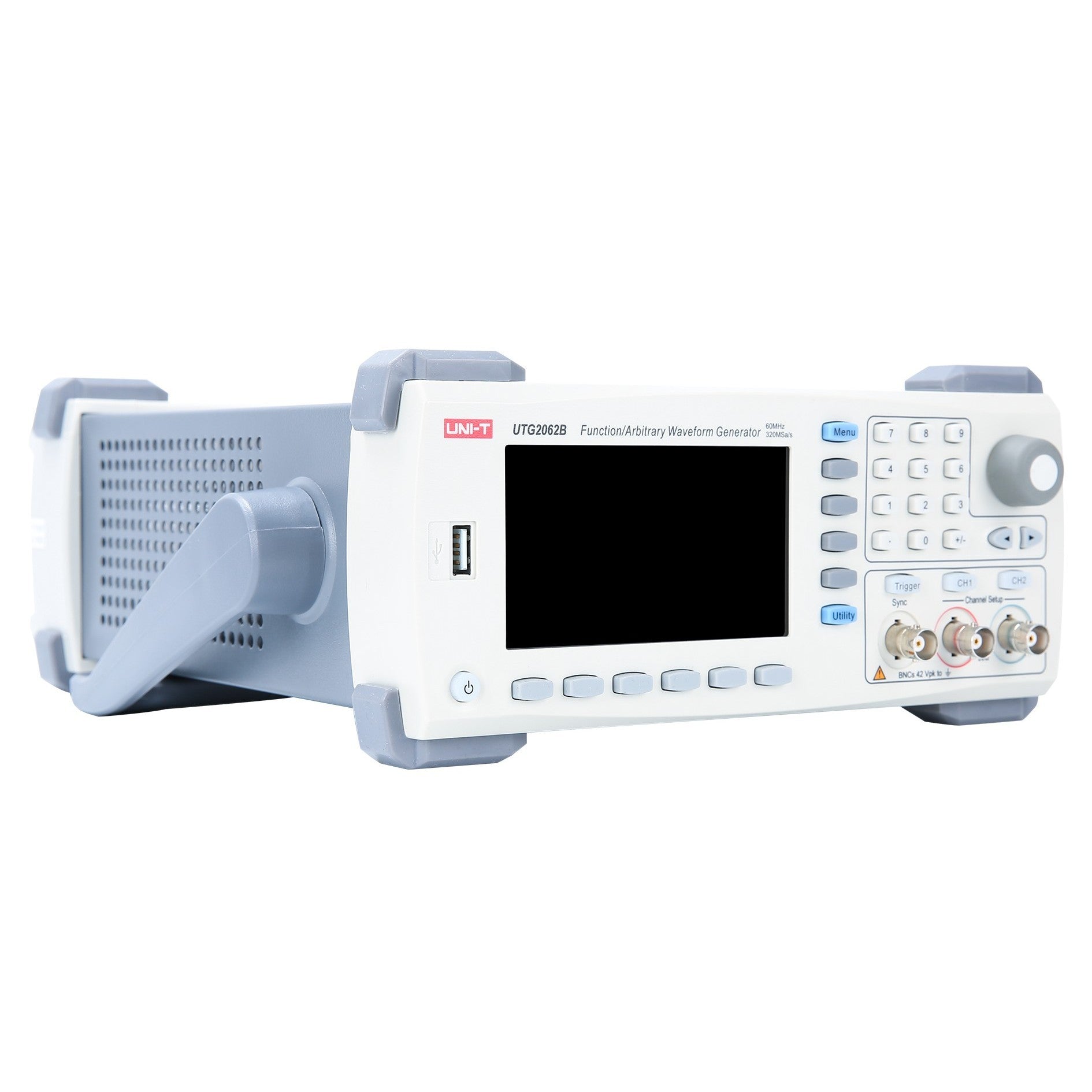 UNI-T UTG2062B 60 MHz 2-Channel Arbitrary Waveform Generator / Function Generator – 320 MSa/s - in white and grey, showing the front panel with a black display, keypad, control knob, and BNC output ports.