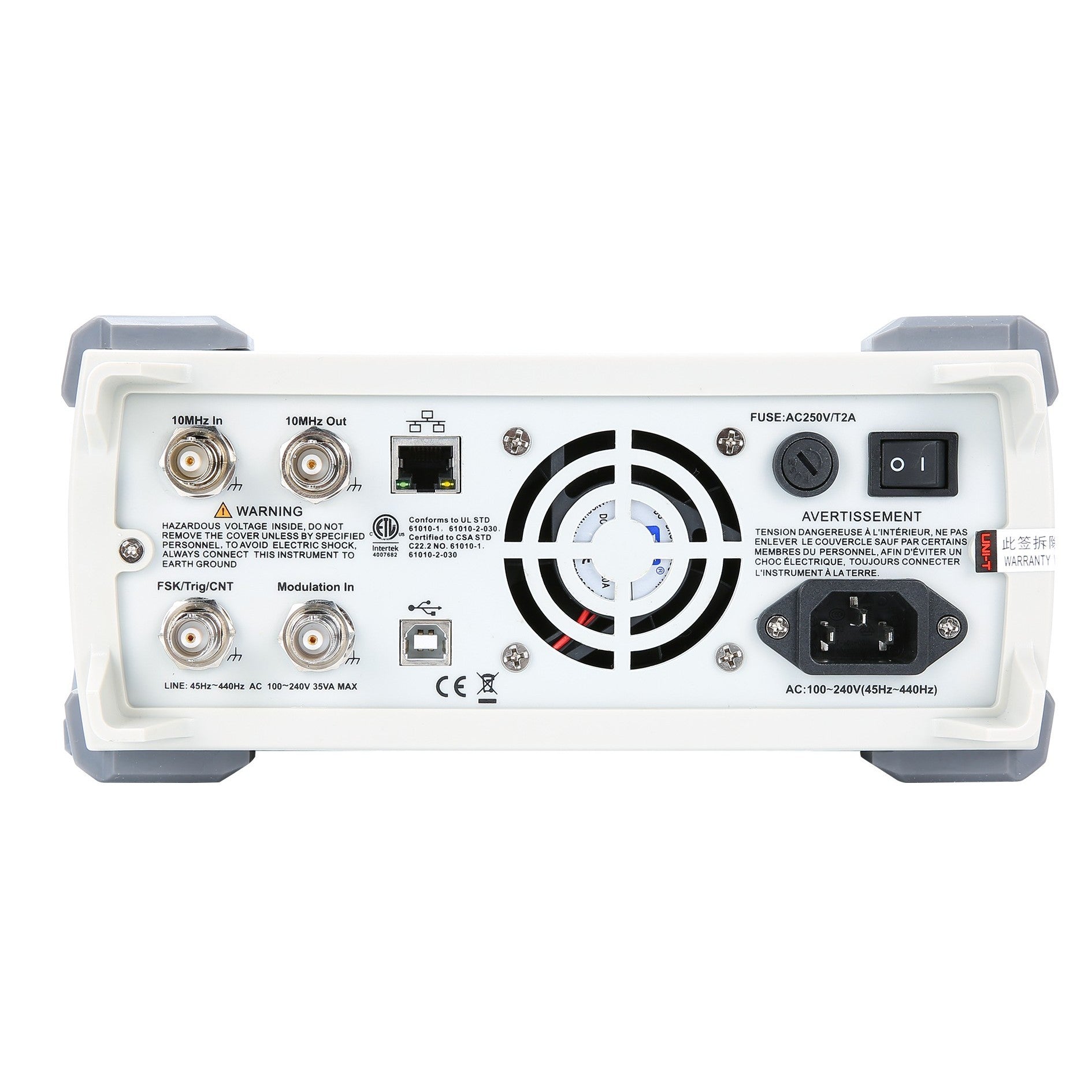 UNI-T UTG2062B 60 MHz 2-Channel Arbitrary Waveform Generator / Function Generator – 320 MSa/s - BNC connectors, an Ethernet port, a USB port, a cooling fan, a power switch, a fuse holder, and an AC power input.