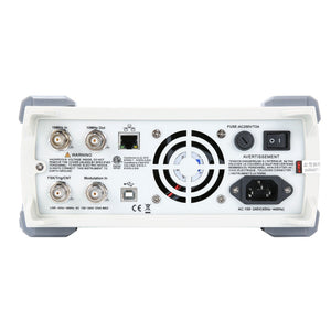 UNI-T UTG2062B 60 MHz 2-Channel Arbitrary Waveform Generator / Function Generator – 320 MSa/s - BNC connectors, an Ethernet port, a USB port, a cooling fan, a power switch, a fuse holder, and an AC power input.