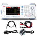 UNI-T UTG2122 120 MHz 2-Channel Arbitrary Waveform Generator / Function Generator – 320 MSa/s - with a digital display showing 64QAM settings, accompanied by BNC cables, power cord, and USB cables.