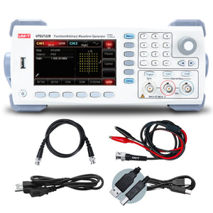 UNI-T UTG2122 120 MHz 2-Channel Arbitrary Waveform Generator / Function Generator – 320 MSa/s - with a digital display showing 64QAM settings, accompanied by BNC cables, power cord, and USB cables.