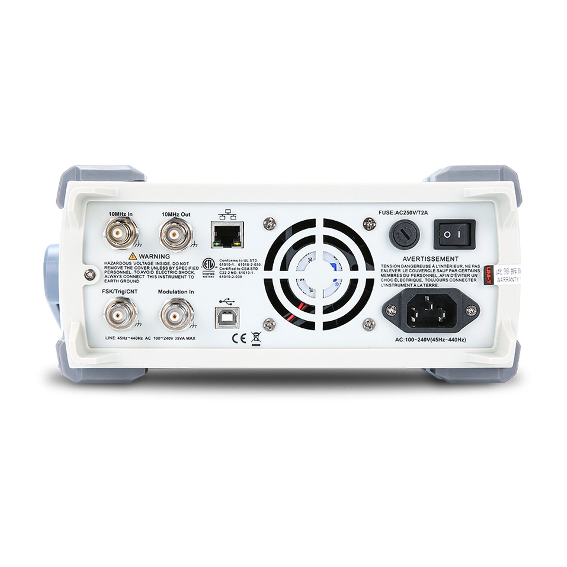 UNI-T UTG2122 120 MHz 2-Channel Arbitrary Waveform Generator / Function Generator – 320 MSa/s - BNC connectors, Ethernet, USB, power switch, cooling fan, AC power input, and fuse holder on a white rectangular casing.