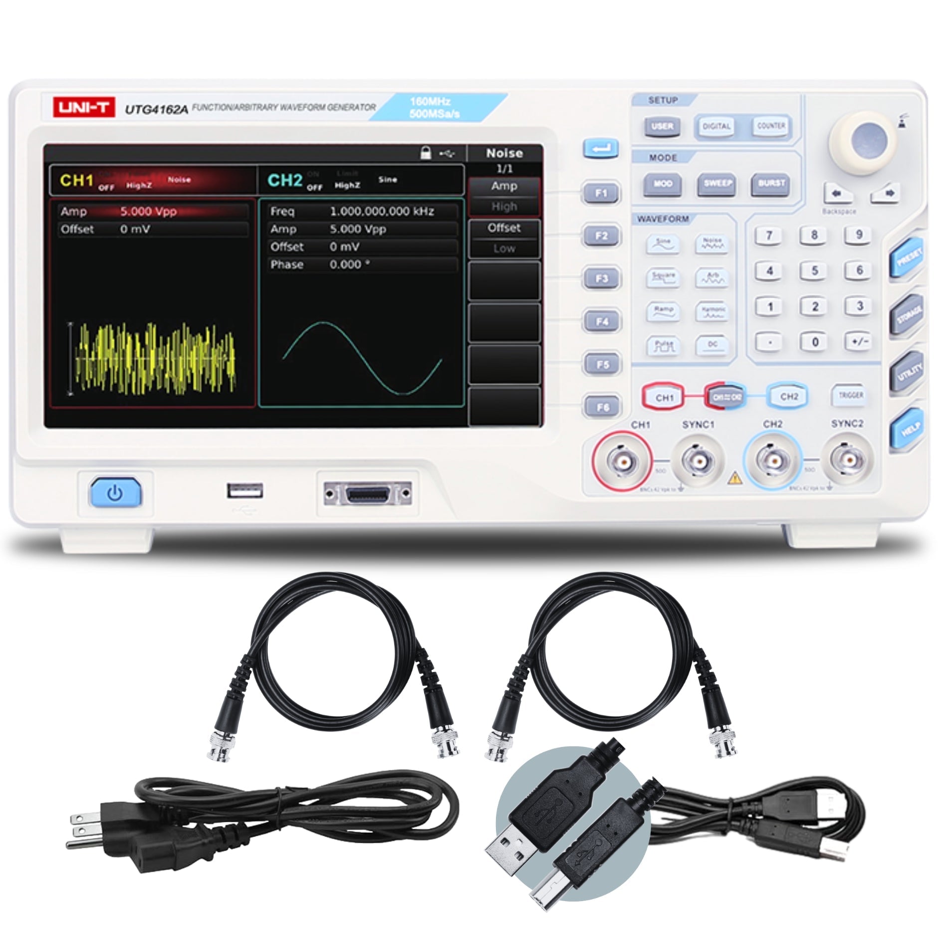 UNI-T UTG4162A 160 MHz 2-Channel Arbitrary Waveform Generator / Function Generator – 500 MSa/s - with a dual-channel screen showing noise and sine waves, plus two BNC cables, a power cord, and a USB cable.