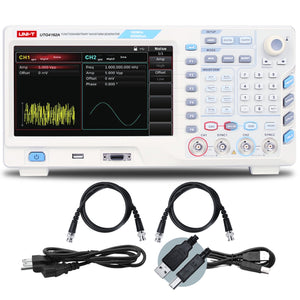 UNI-T UTG4162A 160 MHz 2-Channel Arbitrary Waveform Generator / Function Generator – 500 MSa/s - with a dual-channel screen showing noise and sine waves, plus two BNC cables, a power cord, and a USB cable.