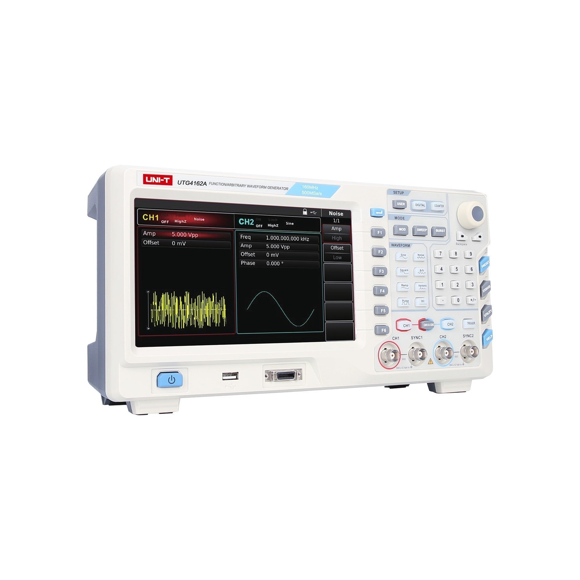 UNI-T UTG4162A 160 MHz 2-Channel Arbitrary Waveform Generator / Function Generator – 500 MSa/s - a white benchtop device with a color display showing waveforms for CH1 and CH2, control buttons, and front ports.