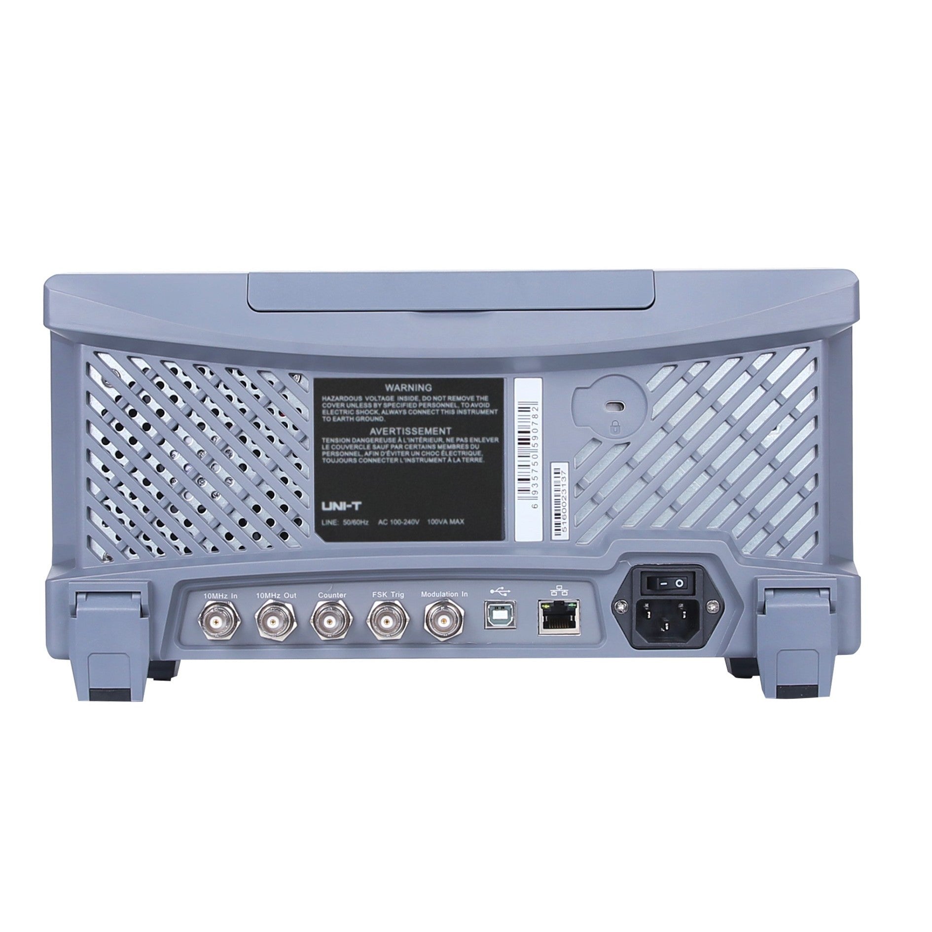 UNI-T UTG4162A 160 MHz 2-Channel Arbitrary Waveform Generator / Function Generator – 500 MSa/s - rear panel view showing the power input, Ethernet port, USB port, BNC connectors, cooling vents, and warning labels on a grey chassis.