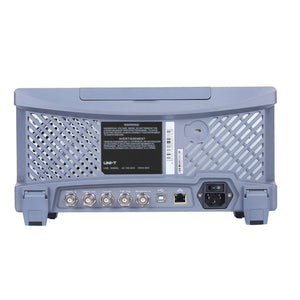 UNI-T UTG4162A 160 MHz 2-Channel Arbitrary Waveform Generator / Function Generator – 500 MSa/s - rear panel view showing the power input, Ethernet port, USB port, BNC connectors, cooling vents, and warning labels on a grey chassis.