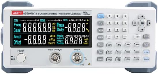 UNI-T UTG9005C-II Arbitrary Waveform Function Generator - rectangular benchtop housing with a digital display, numeric keypad, and BNC ports.