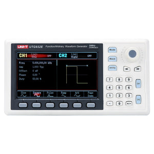 UNI-T UTG932E 30 MHz 2-Channel Arbitrary Waveform Generator / Function Generator – 200 MSa/s - a white desktop device with a screen showing waveform settings, a keypad, control buttons, and a rotary knob.