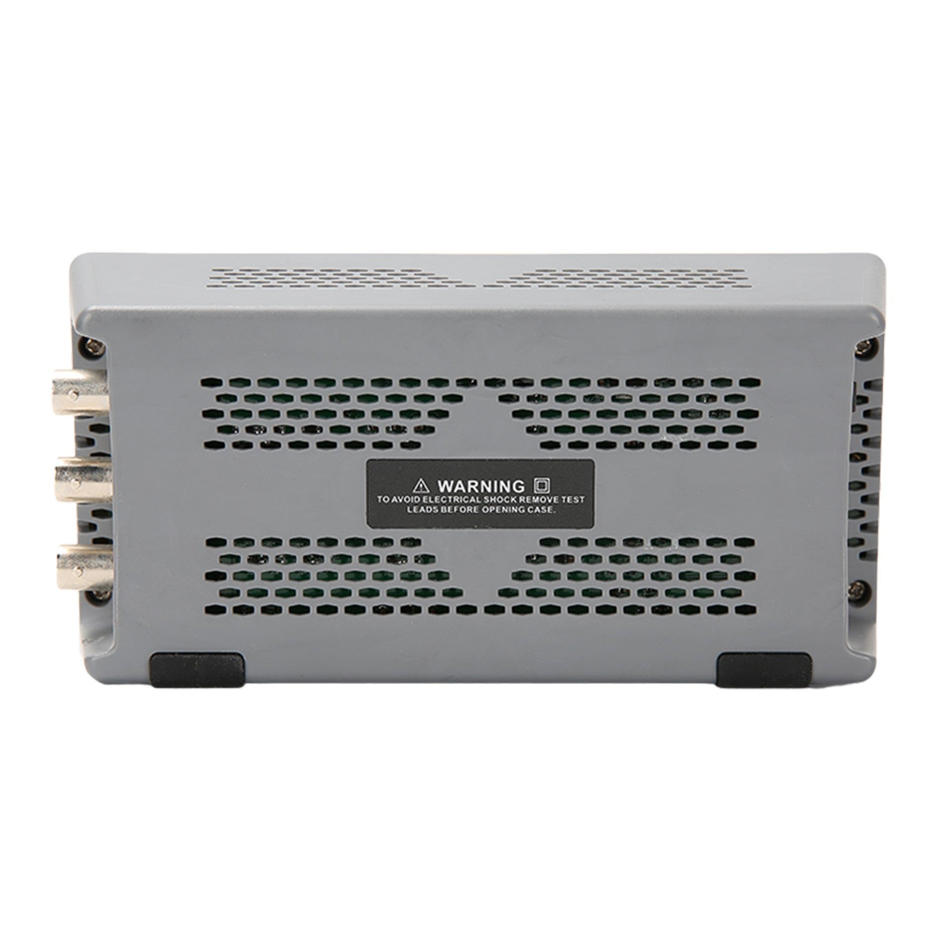 UNI-T UTG932E 30 MHz 2-Channel Arbitrary Waveform Generator / Function Generator – 200 MSa/s - the grey, rectangular side panel of the device featuring three BNC connectors and a warning label on the perforated metal casing.