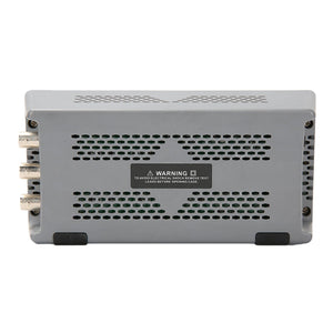 UNI-T UTG932E 30 MHz 2-Channel Arbitrary Waveform Generator / Function Generator – 200 MSa/s - the grey, rectangular side panel of the device featuring three BNC connectors and a warning label on the perforated metal casing.