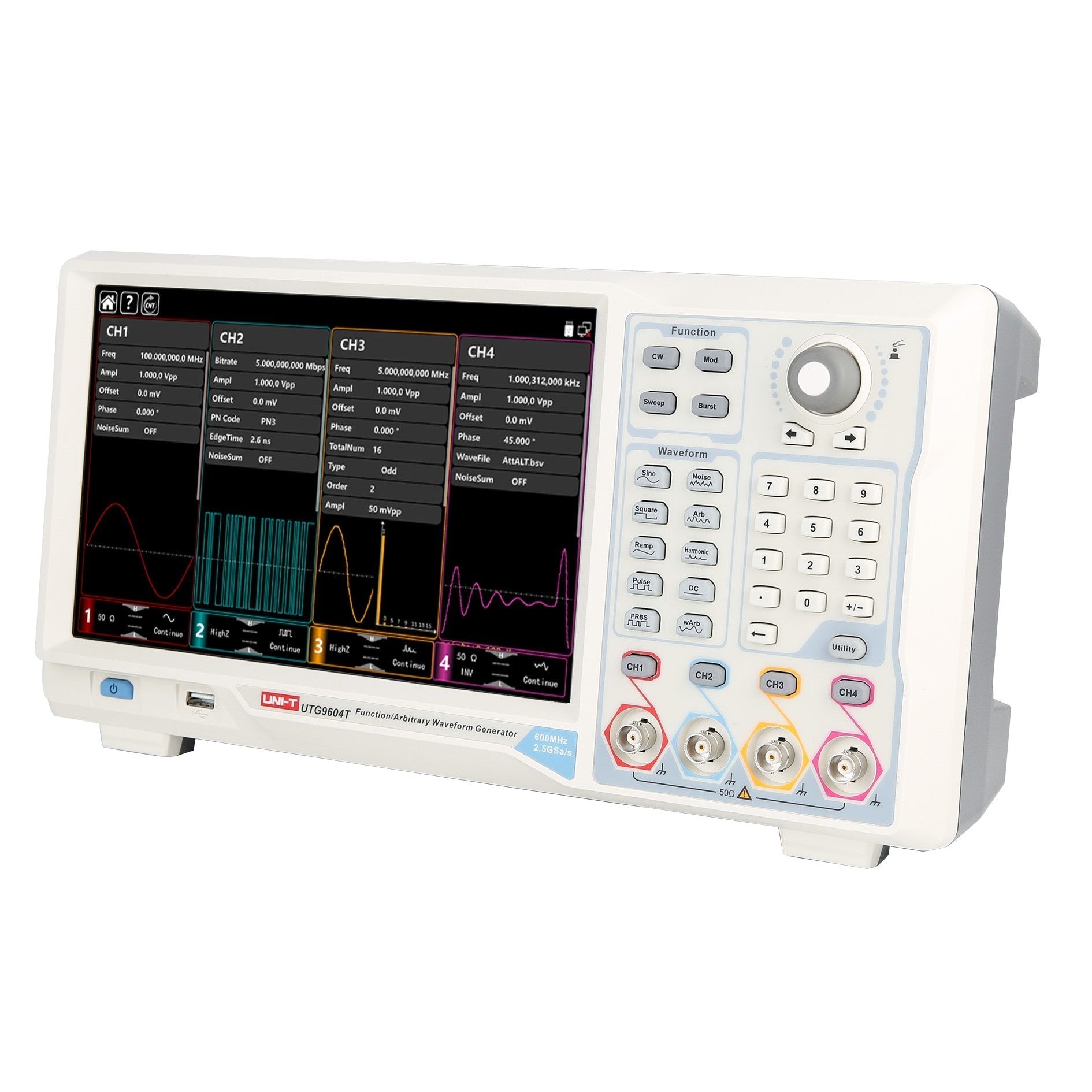 UNI-T UTG9604T 600 MHz 4-Channel Arbitrary Waveform Generator / Function Generator – Main 2.5 GSa/s; AUX 625 MSa/s - a digital screen with waveform data, control buttons, a rotary knob, and BNC ports.