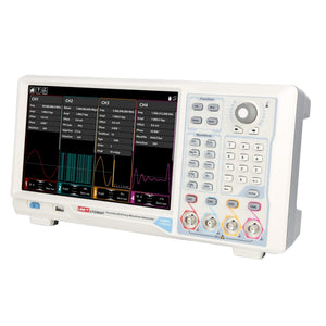 UNI-T UTG9604T 600 MHz 4-Channel Arbitrary Waveform Generator / Function Generator – Main 2.5 GSa/s; AUX 625 MSa/s - a digital screen with waveform data, control buttons, a rotary knob, and BNC ports.