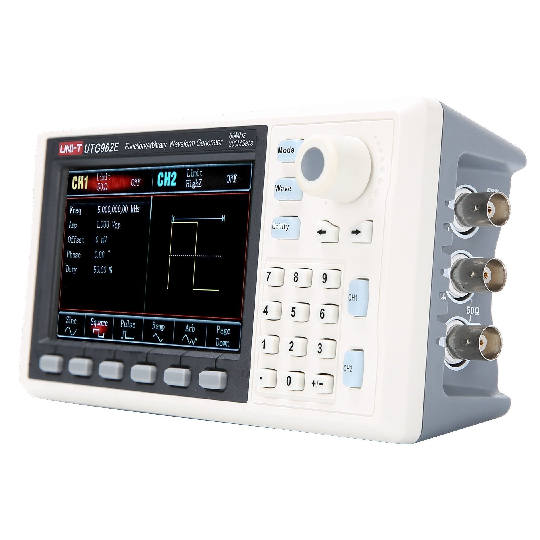 UNI-T UTG962E 60 MHz 2-Channel Arbitrary Waveform Generator / Function Generator – 200 MSa/s - in a white and grey case, showing the front display, keypad, control knob, and three BNC output ports.