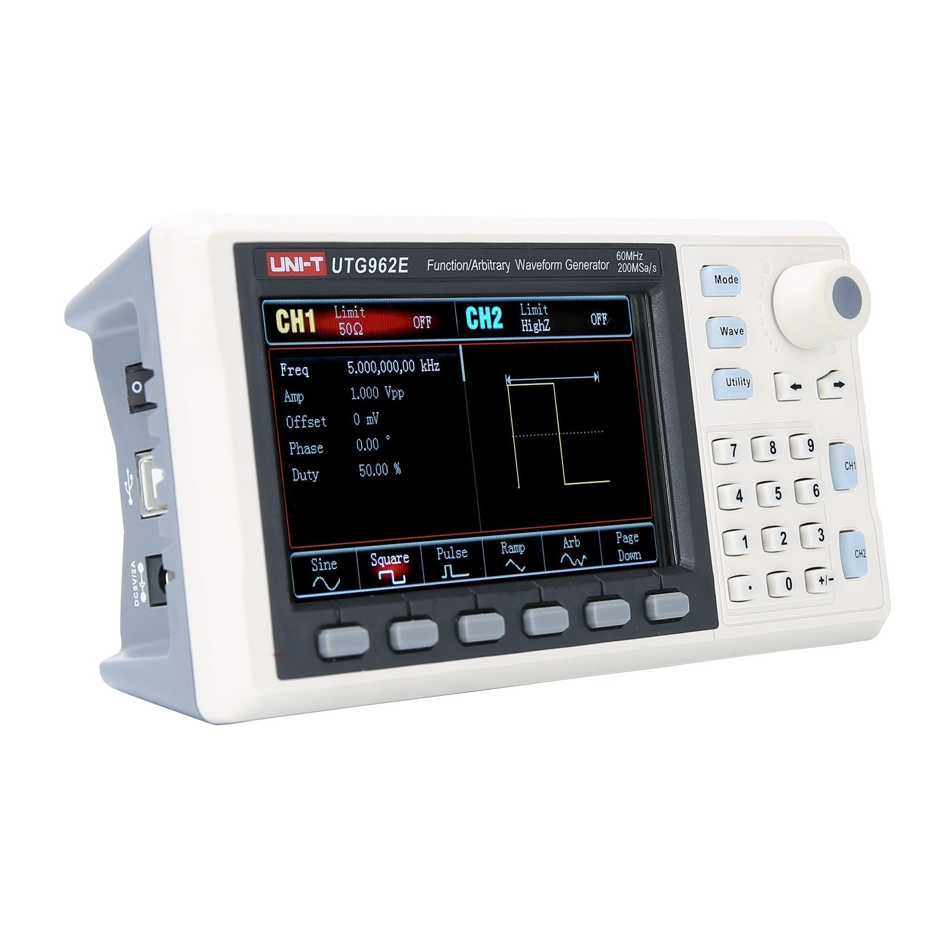 UNI-T UTG962E 60 MHz 2-Channel Arbitrary Waveform Generator / Function Generator – 200 MSa/s - a white and grey device with a digital screen displaying waveform settings, a keypad, and a control knob.