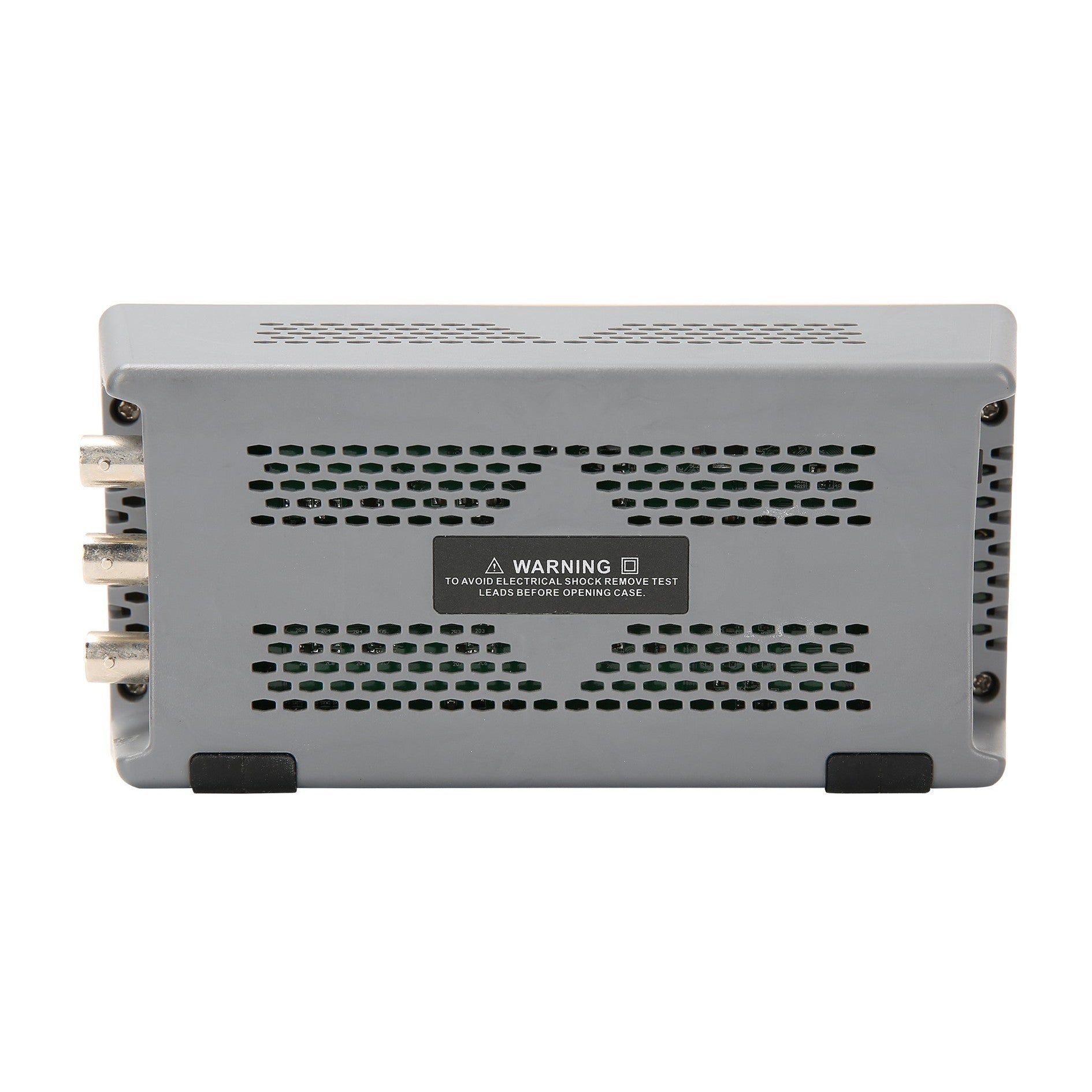 UNI-T UTG962E 60 MHz 2-Channel Arbitrary Waveform Generator / Function Generator – 200 MSa/s - a grey, rectangular electronic device showing its side panel with three BNC connectors and a warning label over ventilation slots.
