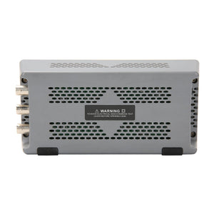 UNI-T UTG962E 60 MHz 2-Channel Arbitrary Waveform Generator / Function Generator – 200 MSa/s - a grey, rectangular electronic device showing its side panel with three BNC connectors and a warning label over ventilation slots.