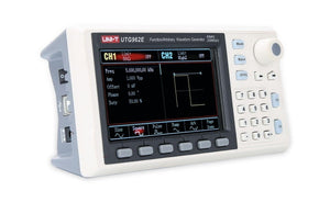 UNI-T UTG962E function generator - in a white and grey housing, showing its front-facing display, keypad, control knob, and side-mounted USB ports.