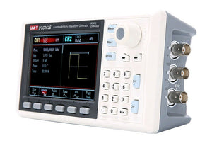 UNI-T UTG962E function generator - a white and grey benchtop unit with a screen displaying waveform settings, a keypad, control knob, and BNC ports.