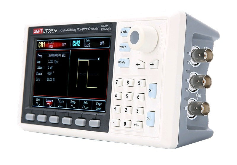 UNI-T UTG962E function generator - a white and grey benchtop unit with a screen displaying waveform settings, a keypad, control knob, and BNC ports.