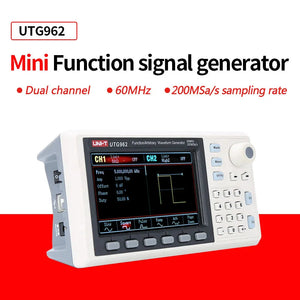 UNI-T UTG962E function generator - a white and grey benchtop device with a color screen, control buttons, a rotary knob, and side ports.