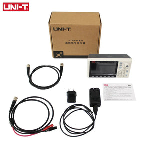 UNI-T UTG962E function generator - with its box, power adapter, two BNC cables, and a manual, displayed as a complete set of accessories.