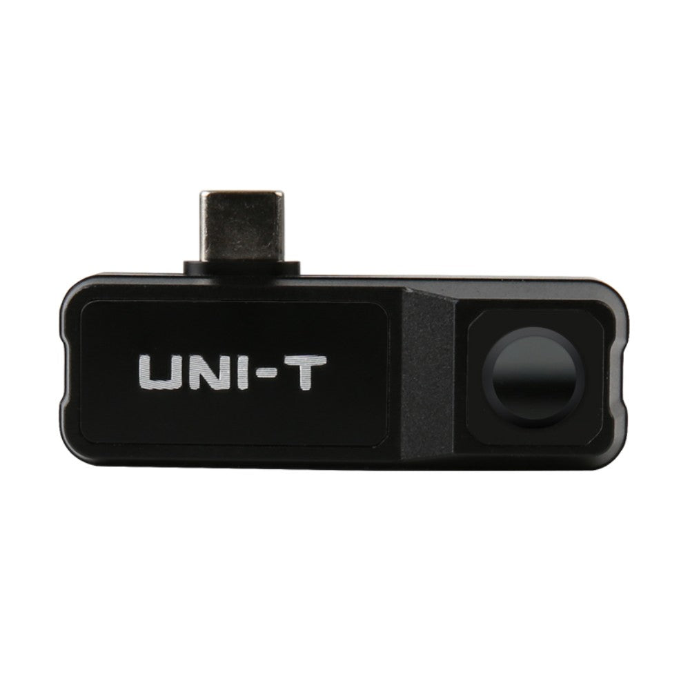 UNI-T UTI120MOBILE Smartphone Thermal Camera – -20°C to 400°C, ≤60MK - a small, black rectangular device with a USB-C connector on top and a circular camera lens on the right.