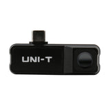 UNI-T UTI120MOBILE Smartphone Thermal Camera – -20°C to 400°C, ≤60MK - a small, black rectangular device with a USB-C connector on top and a circular camera lens on the right.