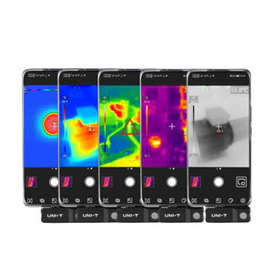 UNI-T UTI120MOBILE Smartphone Thermal Camera – -20°C to 400°C, ≤60MK - shown as five identical smartphones displaying various thermal imaging color palettes and temperature readings.