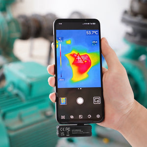 UNI-T UTI120MOBILE Smartphone Thermal Camera – -20°C to 400°C, ≤60MK - displaying a thermal heat map with a 57.0°C peak temperature reading on the screen.