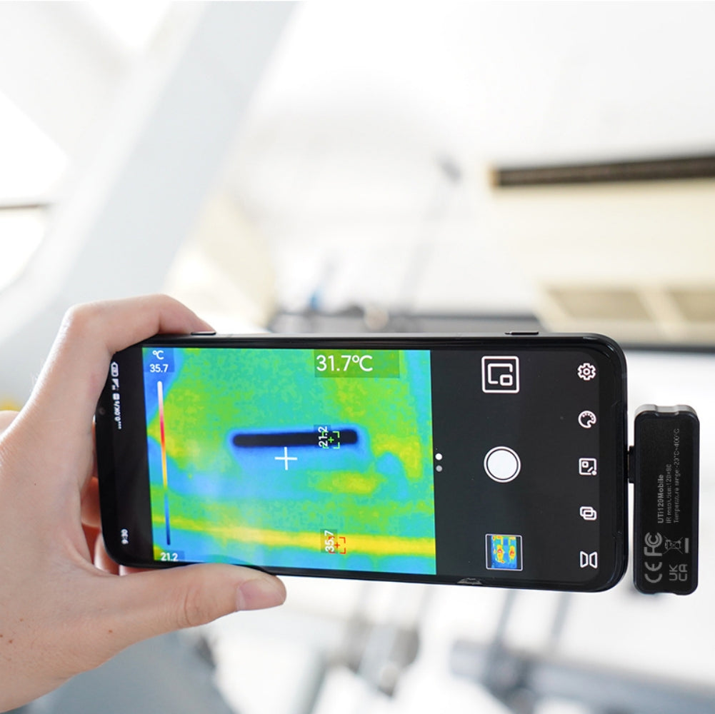 UNI-T UTI120MOBILE Smartphone Thermal Camera – -20°C to 400°C, ≤60MK - a thermal heat map display with temperature readings on the screen.